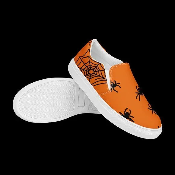 women's slip-on spider canvas shoes orange & black Halloween  fall spiderweb - Picture 12 of 14